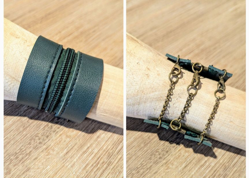 Handgemaakte armband in warm groen leder met kettingen in brons